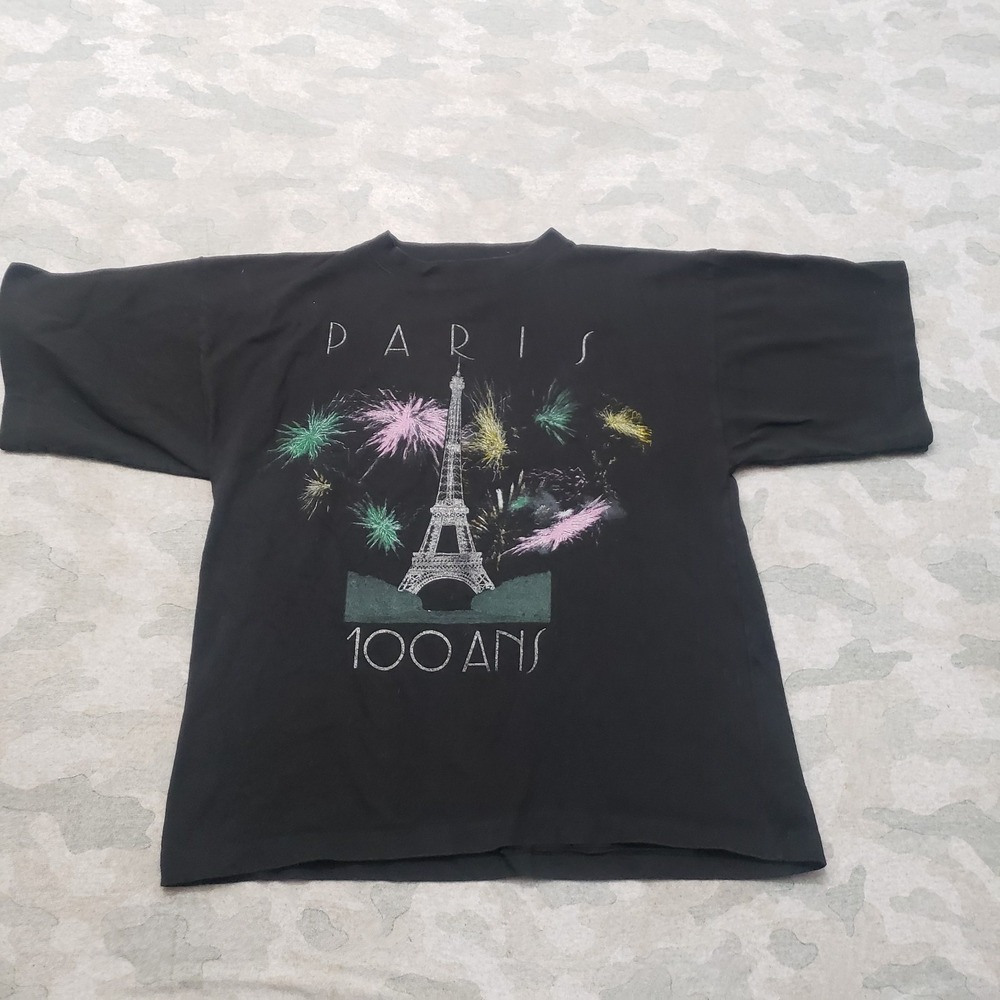 Vintage Paris 100 Ans Top Womens Medium Black Short Sleeve Single Stitch